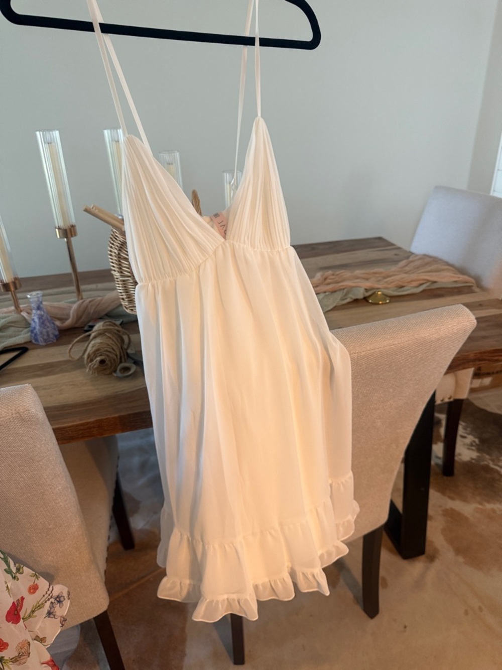 Mac Duggal Cream Ruffle Slip Dress with Spaghetti Straps